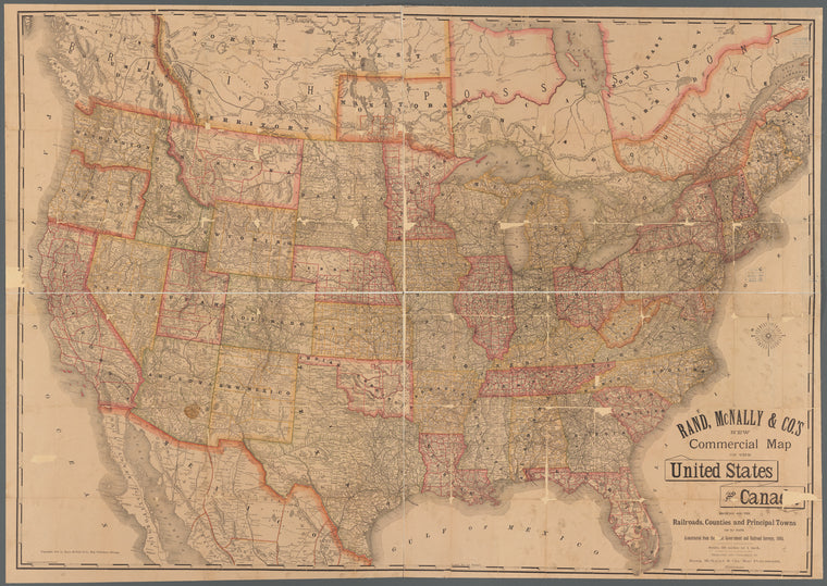 Rand, McNally & Co.'s new commercial map of the United States and Canada: showing all the railroads, counties and principal towns up to date constructed from the latest government and railroad surveys, 1883