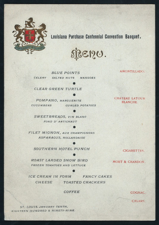 BANQUET [held by] LOUISIANA PURCHASE CENTENNIAL CONVENTION [at] "SOUTHERN,THE,ST.LOUIS,MO" (?)