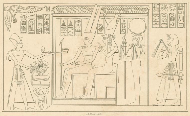 Rhamsès le Grand fait des offrandes aux divinités Ammon-Ra, Mouth et Chôns-Lunus.  Le roi Rhamsès I-er est à leur suite