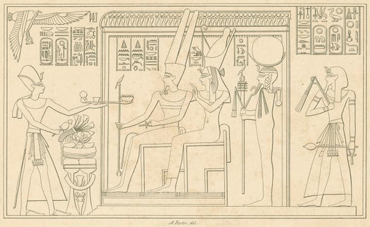 Rhamsès le Grand fait des offrandes aux divinités Ammon-Ra, Mouth et Chôns-Lunus.  Le roi Rhamsès I-er est à leur suite