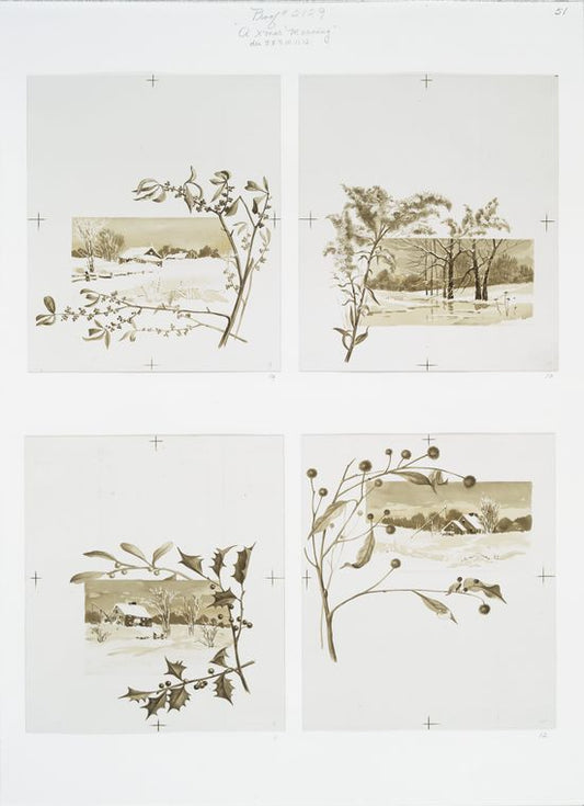 A Christmas morning: cards depicting branches, trees, holly, berries, landscapes, houses, winter, snow, a fence and the sunrise.