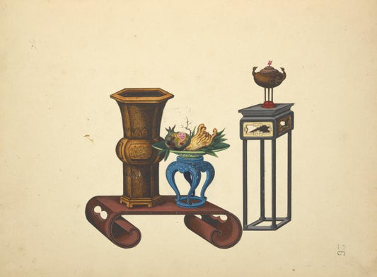 Low table with vase and dish, tall table with teapot
