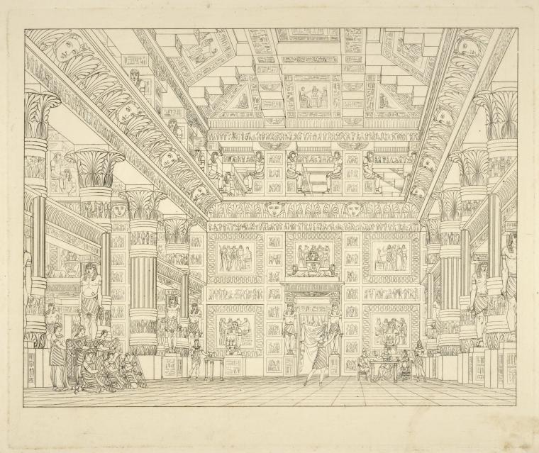 Sala nella reggia di Memfi. Questa scena fu eseguita pel ballo tragico Psammi, inventato da Salvatore Viganò l'autunno dell'anno 1817 per il I. R. Teatro alla Scala in Milano. Alessandro Sanquirico inv. e dip. in Milano.