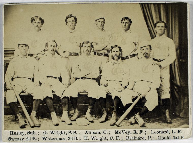 Red Stockings of Cincinnati, 1869. C. Hurley, Sub.; G. Wright, S.S.; Mcvey, R .F. ; Leonard, L. F.; Sweasy, 2nd B.; Waterman, 3rd B.; H. Wright, C. F.; Brainard, P.; Gould, 1st B.