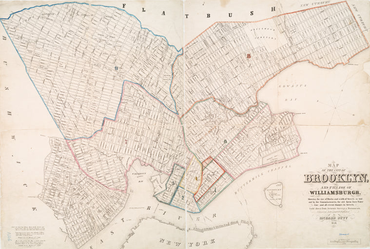 Map of the city of Brooklyn, and village of Williamsburg : showing the size of blocks and width of streets as laid out by the Commissioners, the old farm lines, water line, and all recent changes in streets