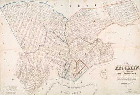 Map of the city of Brooklyn, and village of Williamsburg : showing the size of blocks and width of streets as laid out by the Commissioners, the old farm lines, water line, and all recent changes in streets