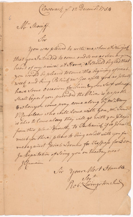 Livingston, Robert, Junr., addressed to Abraham Yetts [Yates], Esq., High Sheriff of the County of Albany