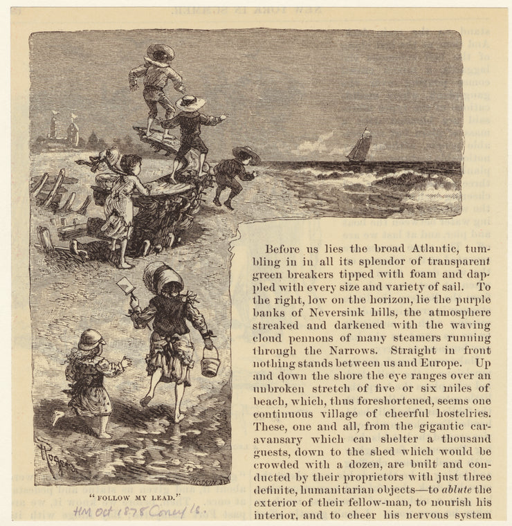 Children playing follow-the-leader, Coney Island, 1870s