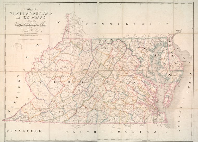 Map of Virginia, Maryland and Delaware exhibiting the post offices, post roads, canals, rail roads &c.