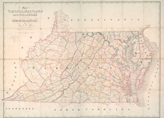 Map of Virginia, Maryland and Delaware exhibiting the post offices, post roads, canals, rail roads &c.