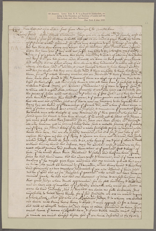 Leisler, Jacob. New York. Letter from N.N. to a friend in Amsterdam, relating to the execution of Leisler and his son-in-law