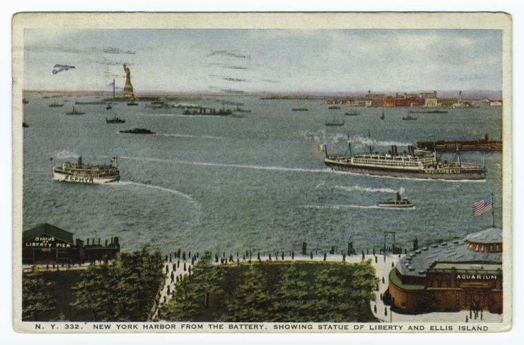 New York Harbor from the Battery, showing Statue of Liberty and Ellis Island