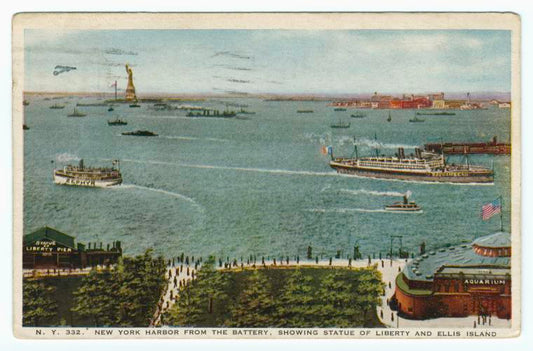 New York Harbor from the Battery, showing Statue of Liberty and Ellis Island