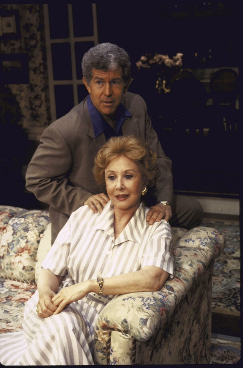 Actors Tony Roberts and Michael Learned in a scene from the replacement cast of the Broadway production of the play "The Sisters Rosensweig" (New York)