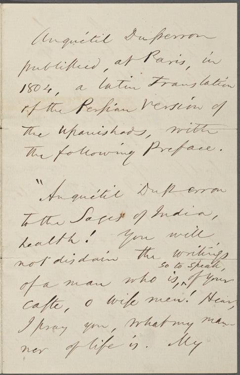 Anquétil-DuPerron, Abraham Hyacinthe. Preface to his Latin translation of the Upanishads. Translated into English by RWE, holograph