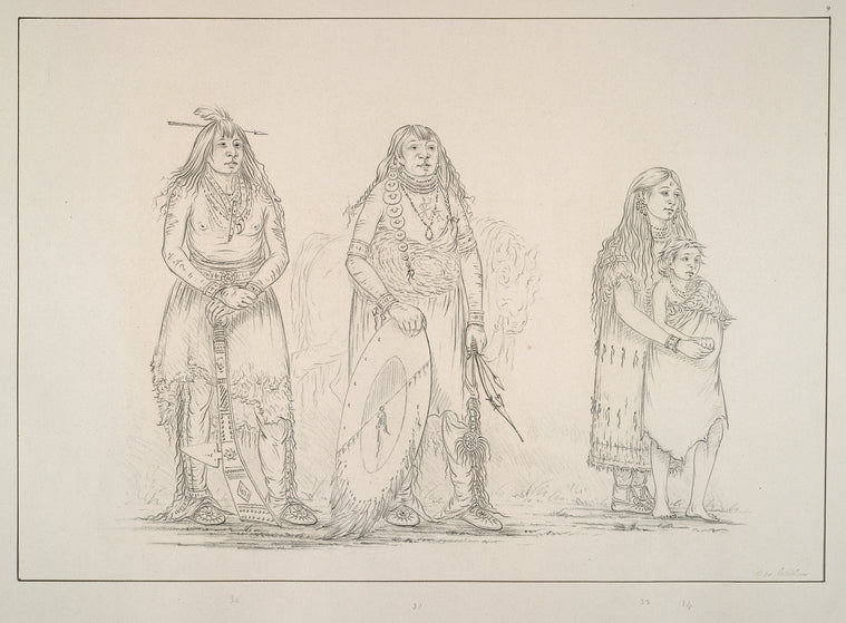 Kiowa. 31. Teeh-toot-sa, head Chief of his tribe, .. ; 32. Bon-son -jee (New Fire), a famous warrior, and favourite of the Chief, in war dress and war paint, with war-club in hand; 33, 34. Young woman and child (brother & sister) of the same tribe.