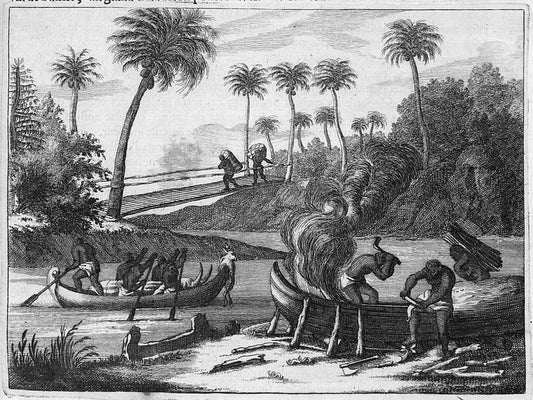 Group of men in canoes and working near shore.