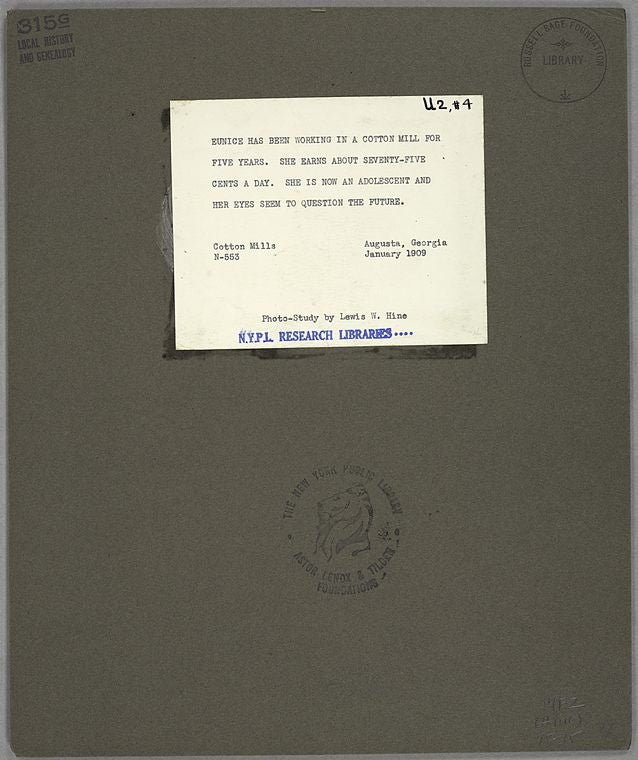 Eunice has been working in a cotton mill for five years....January 1909.
