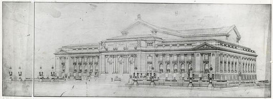 Drawing of the library, showing the Fifth Avenue and Forty-second Street facades