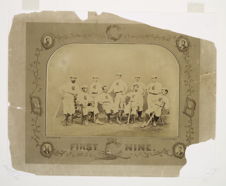 Red Stockings of Cincinnati, 1869, C. The first nine, A. T. Goshern, A. B. Champion, H. A. Glanford, Worthington