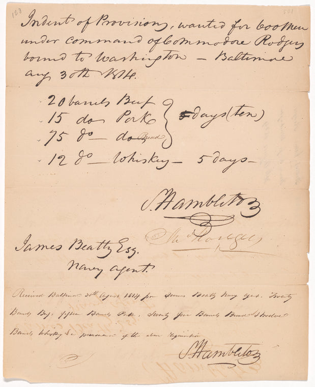 Invoice for Whiskey, beef, pork, etc., Baltimore, Maryland