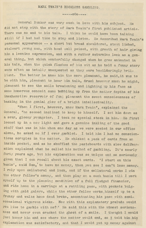 [Bunker, Benjamin B.?]. Mark Twain's First Story: Unwritten Chapter in the Literary Life of the Great American Humorist.-A Gambling Episode, and Mark Twain's Reckless Gambling
