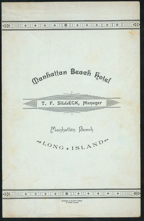 BILL OF FARE [held by] MANHATTAN BEACH HOTEL [at] "MANHATTAN BEACH, LONG ISLAND, NY" (HOTEL)