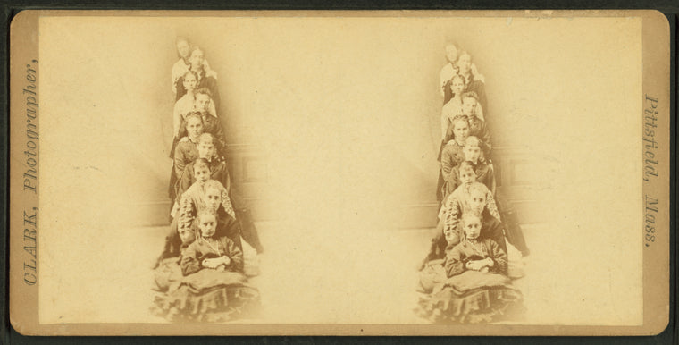 Nine young women, sitting one in front of the other, "Miss Salisbury's school girls" (all are named on verso).