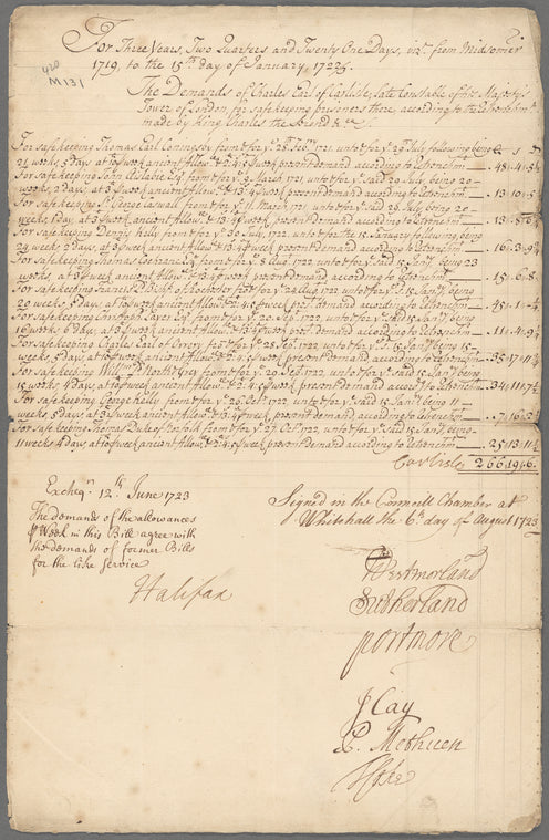 The Demands of Charles Earl of Carlyle, Late Constable of his Majesty's Tower of London, for safekeeping prisoners there ...