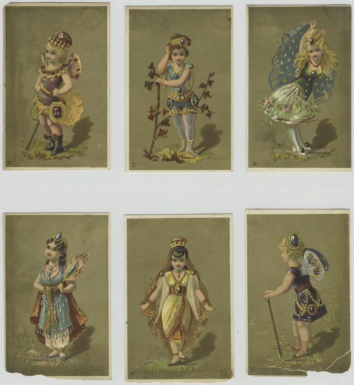 Cards depicting women dressed in jewels : ruby, sapphire, emerald, turquoise, topaz and amethyst.
