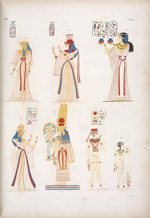 Fig. 18. Amonmai [Meritamon] ;  Fig. 19. Iside [Isis];  Fig. 20. Tascia [Takhat];  Fig. 21. Titi ;  Fig. 22. [questa fig. ??];  Fig. 23. Rêninofre [Nefrure];  Fig. 24. Tsutenninofre [Bitneferu].