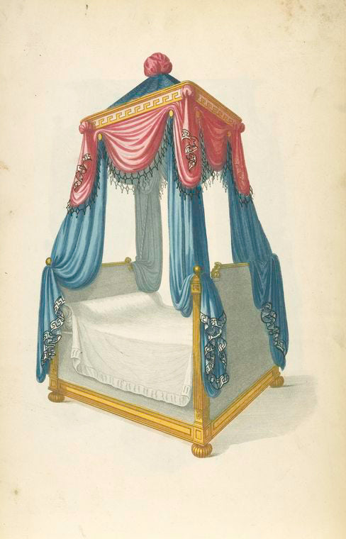 Bed with blue and red drapery.