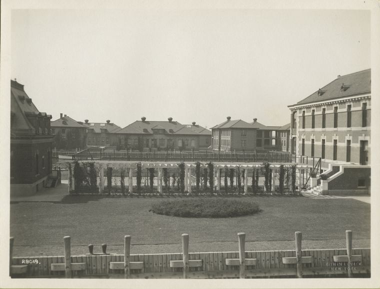 View of Ellis Island buildings, with garden and trellises in foreground.