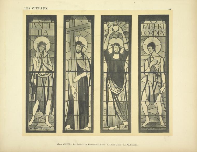 1, La justice ; 2, Le portement de croix ; 3, Le sacré coeur ; 4, La miséricorde, à la chapelle du Christ Rédempteur (église du Village français) (A. D.)