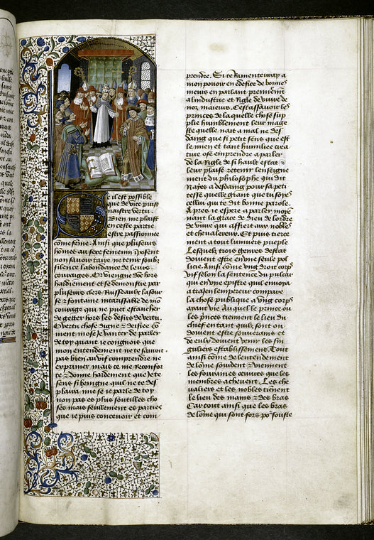 Opening of text, Hand B.  Miniature of Pope flanked by clergy, nobility and the bourgeosie