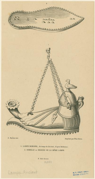 Lampe romaine, du temps de Juvénal, d'après Balduinus ; Semelle ou dessous de la même lampe