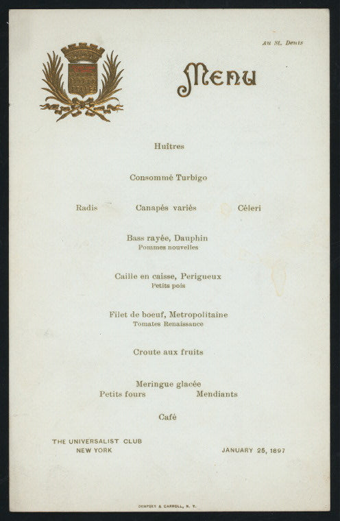 DINNER [held by] UNIVERSALIST CLUB [at] "NEW YORK, NY" (OTHER (PRIVATE CLUB?))