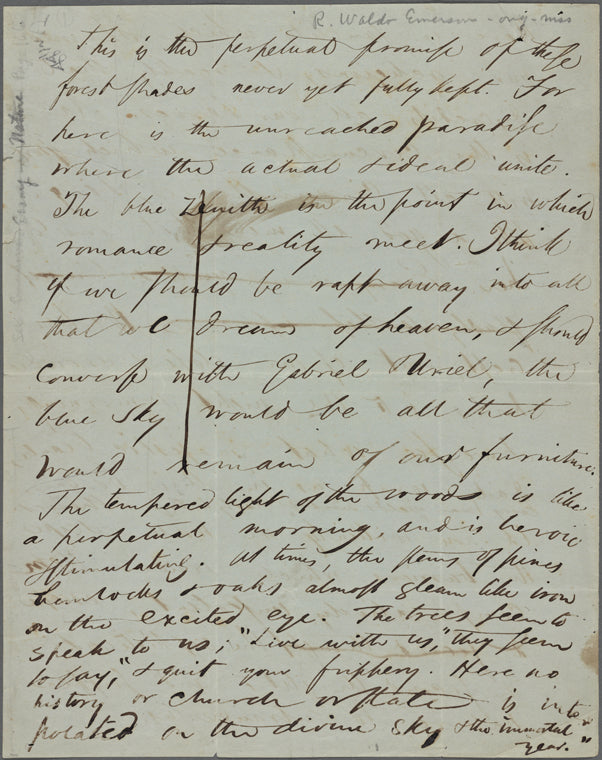 Essays, Second Series. Draft of part of opening paragraph of "Nature." Holograph, unsigned, undated