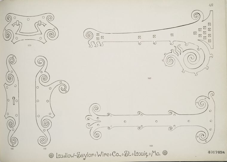 Decorative metalwork hinges, pull, and keyplate.