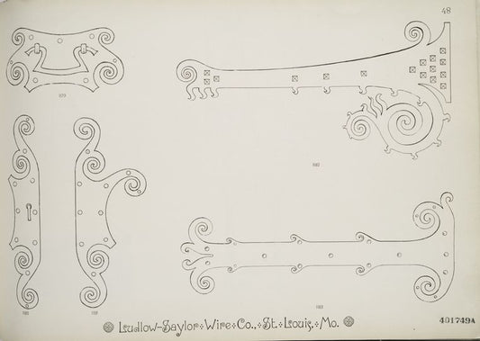Decorative metalwork hinges, pull, and keyplate.