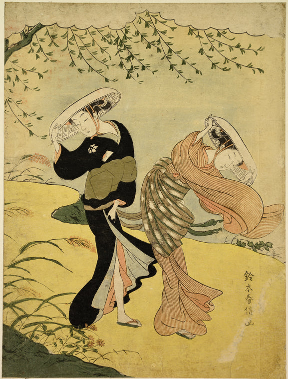 Two women with wide straw hats, under a willow tree in an autumn gale. Wind-blown suzuki grass indicates the season of the year