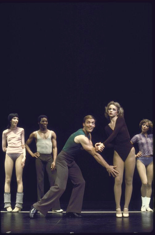Actors (L-R) Yvette Mathews, A. William Perkins, Steve Baumann, Christine Barker & Mitzi Hamilton in a scene fr. the Toronto/London productions of the musical "A Chorus Line." (Toronto)