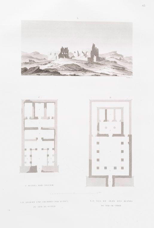 A. B. Ansicht und Grundris[s] der Ruinen zu Ser-Ak-Schech [Aksha (Serra West)]. = A. B. Vue et plan des ruines de Ser-Ak-Cheh.