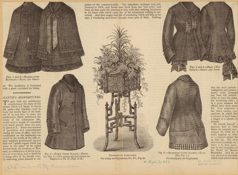 Basket - cloth mantelet - back and front ; Drap d'èté sacque - front and back ; Piqué cloth sacque - front ; Quadrillé cloth sacque - back ; Embroidered jardinière