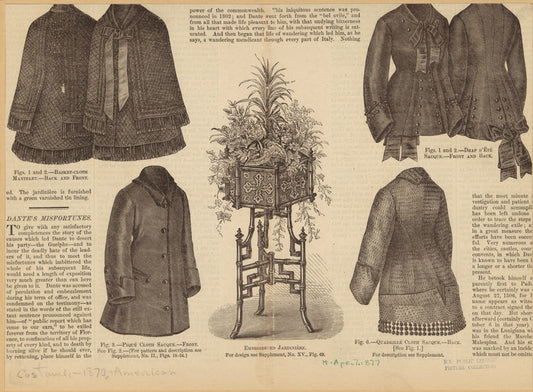 Basket - cloth mantelet - back and front ; Drap d'èté sacque - front and back ; Piqué cloth sacque - front ; Quadrillé cloth sacque - back ; Embroidered jardinière