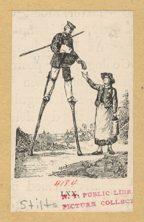 Letter carrier on stilts handing a letter to a woman