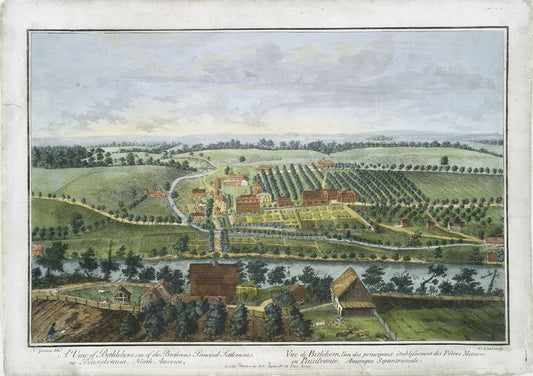 A view of Bethlehem, one of the Brethern's principal settlements, in Pensylvania, North America = Vue de Betlehem, l'un des principaux établissement des Frères Moraves en Pensilvanie, Amérique septentrionale.