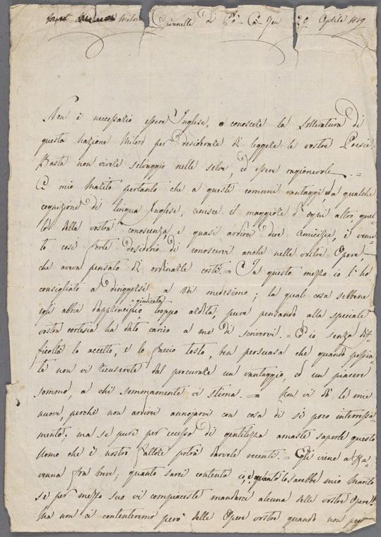 Autograph letter signed to Lord Byron, 20 April 1819