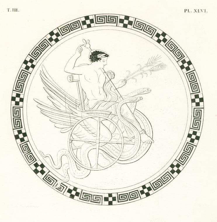 Triptolemus seated in his winged chariot drawn by serpents