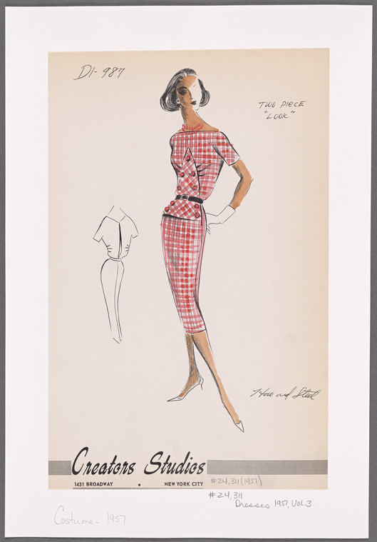 Check sheath dress with contrast belt, boat neckline and inverted midriff plastron giving two-piece effect